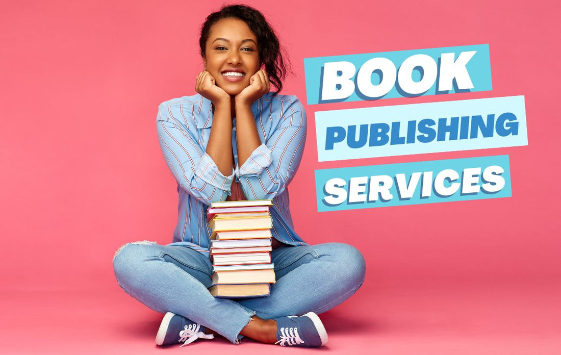 Self-published author smiling with stack of books after using book publishing services from Lisa Daily